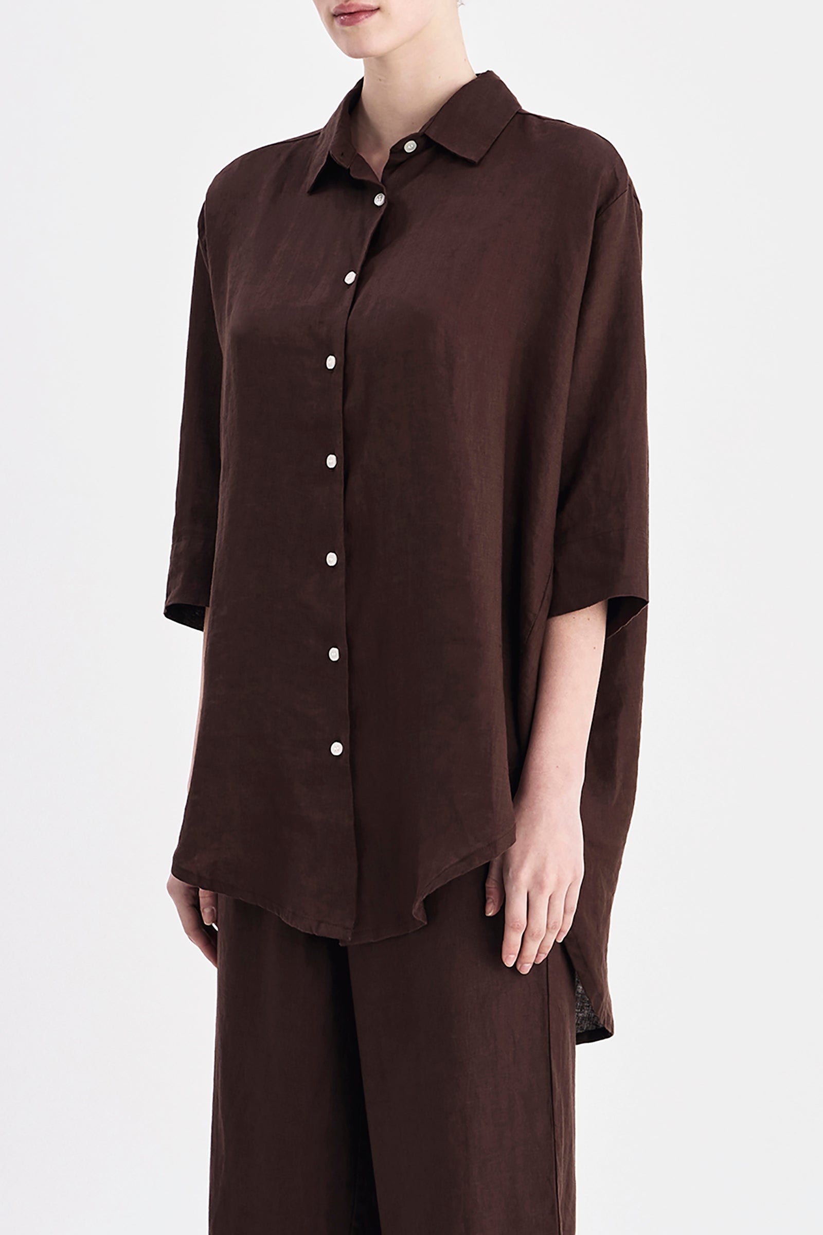 Lounge Linen Longline Shirt Chocolate 