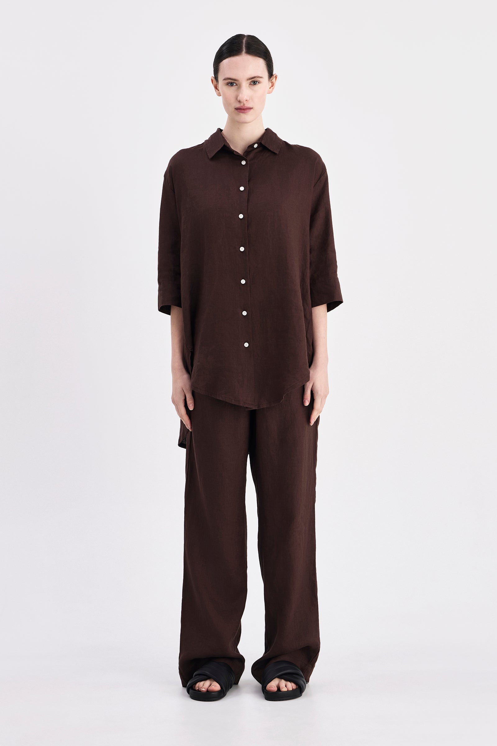 Lounge Linen Longline Shirt Chocolate 