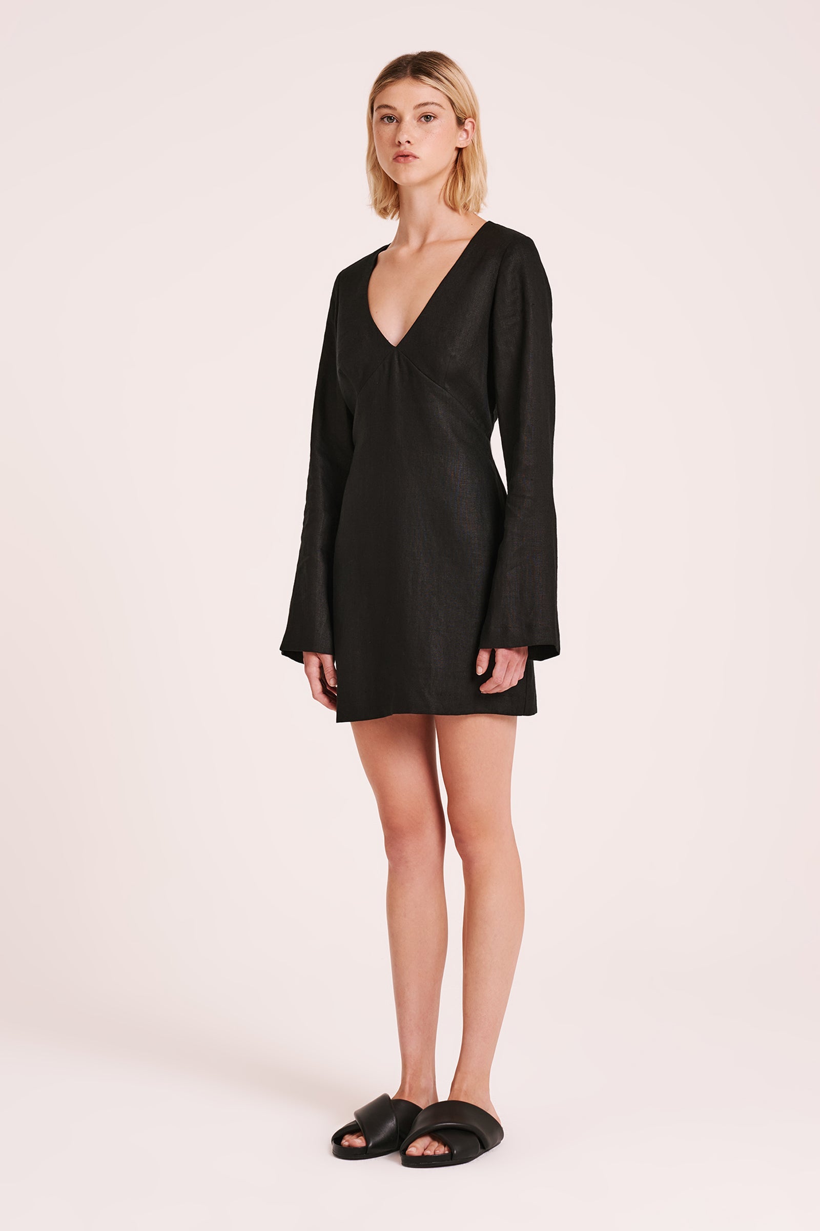 Shop Brynn Linen Mini Dress in Black | Nude Lucy Shop Brynn Linen Mini Dress in Black | Nude Lucy