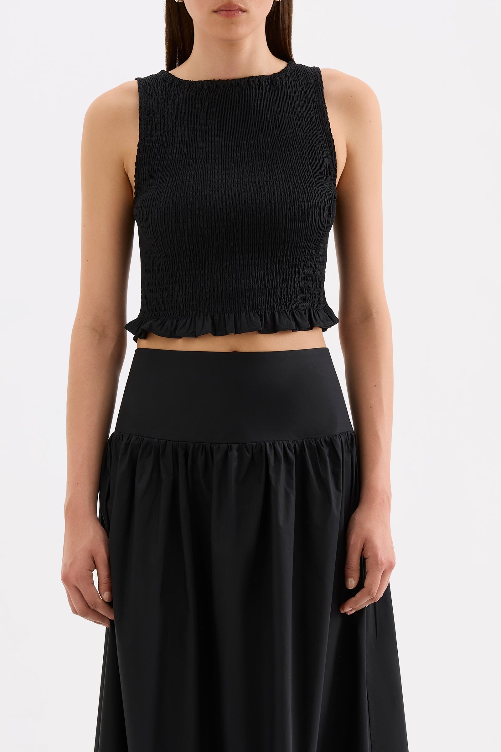 Greta Shirred Poplin Top Black 