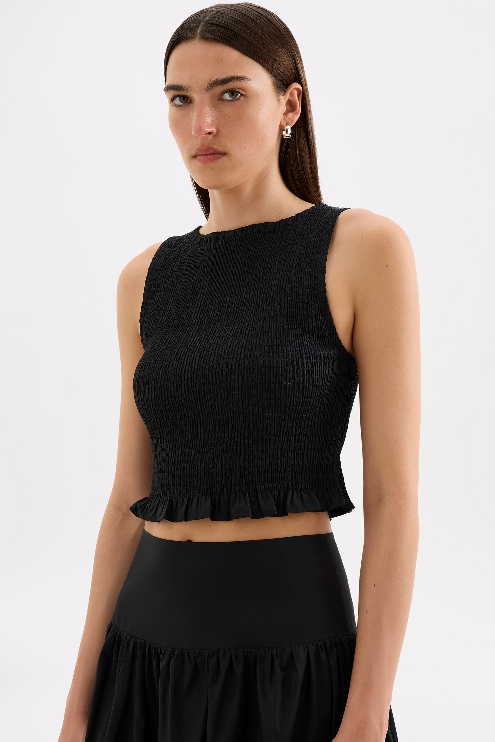 Greta Shirred Poplin Top Black 