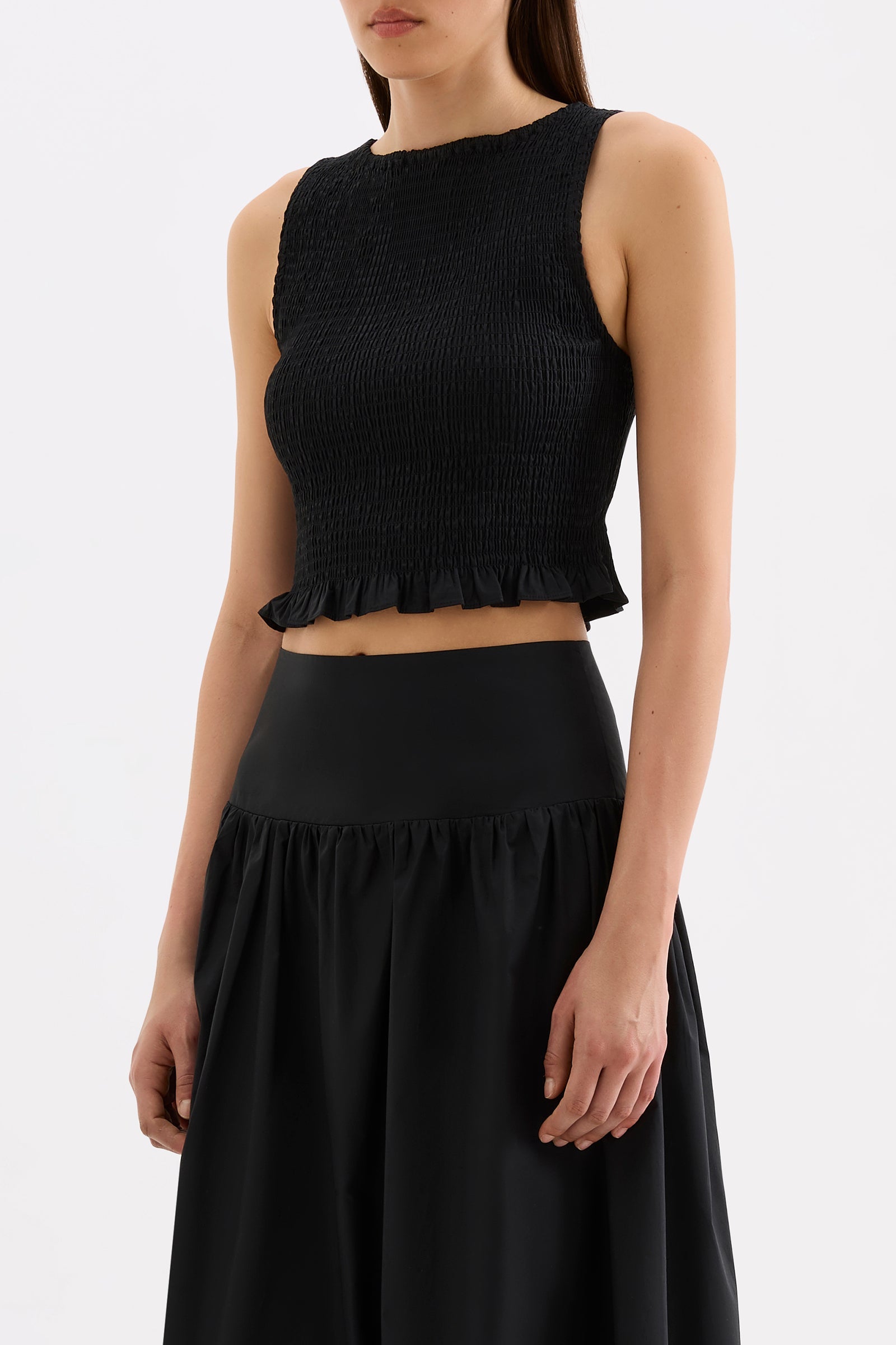 Greta Shirred Poplin Top Black 