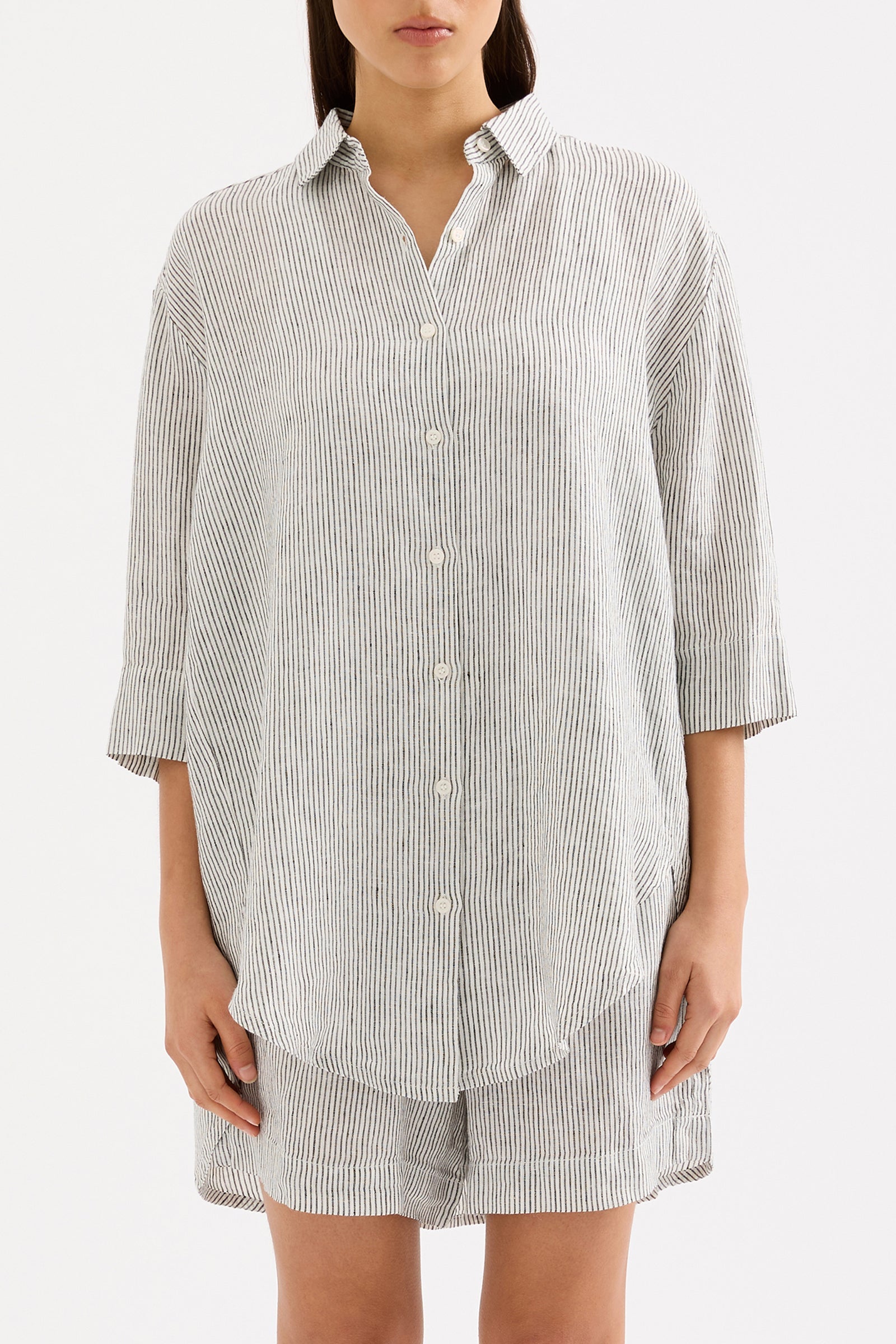 Lounge Stripe Linen Longline Shirt Pinstripe 