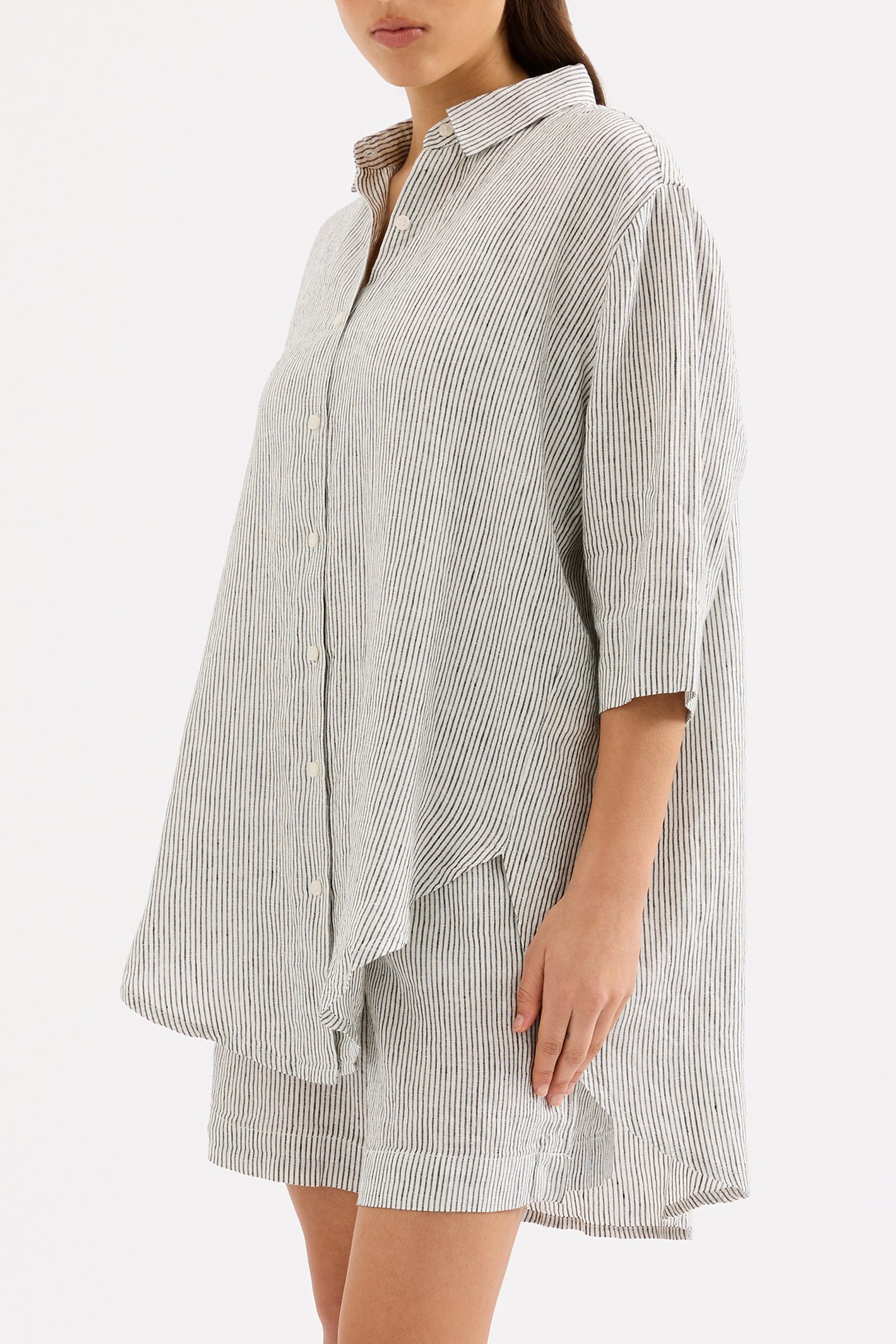 Lounge Stripe Linen Longline Shirt Pinstripe 