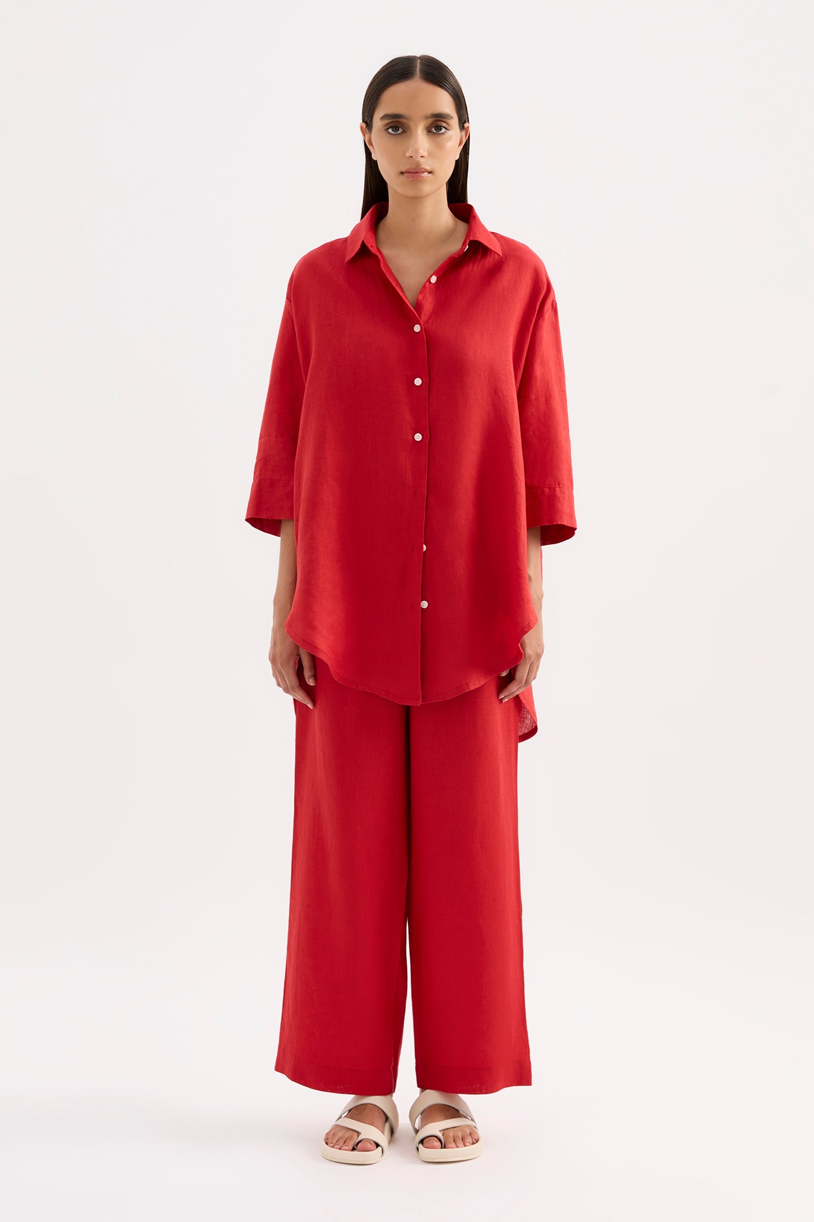 Lounge Linen Longline Shirt Vermillion 