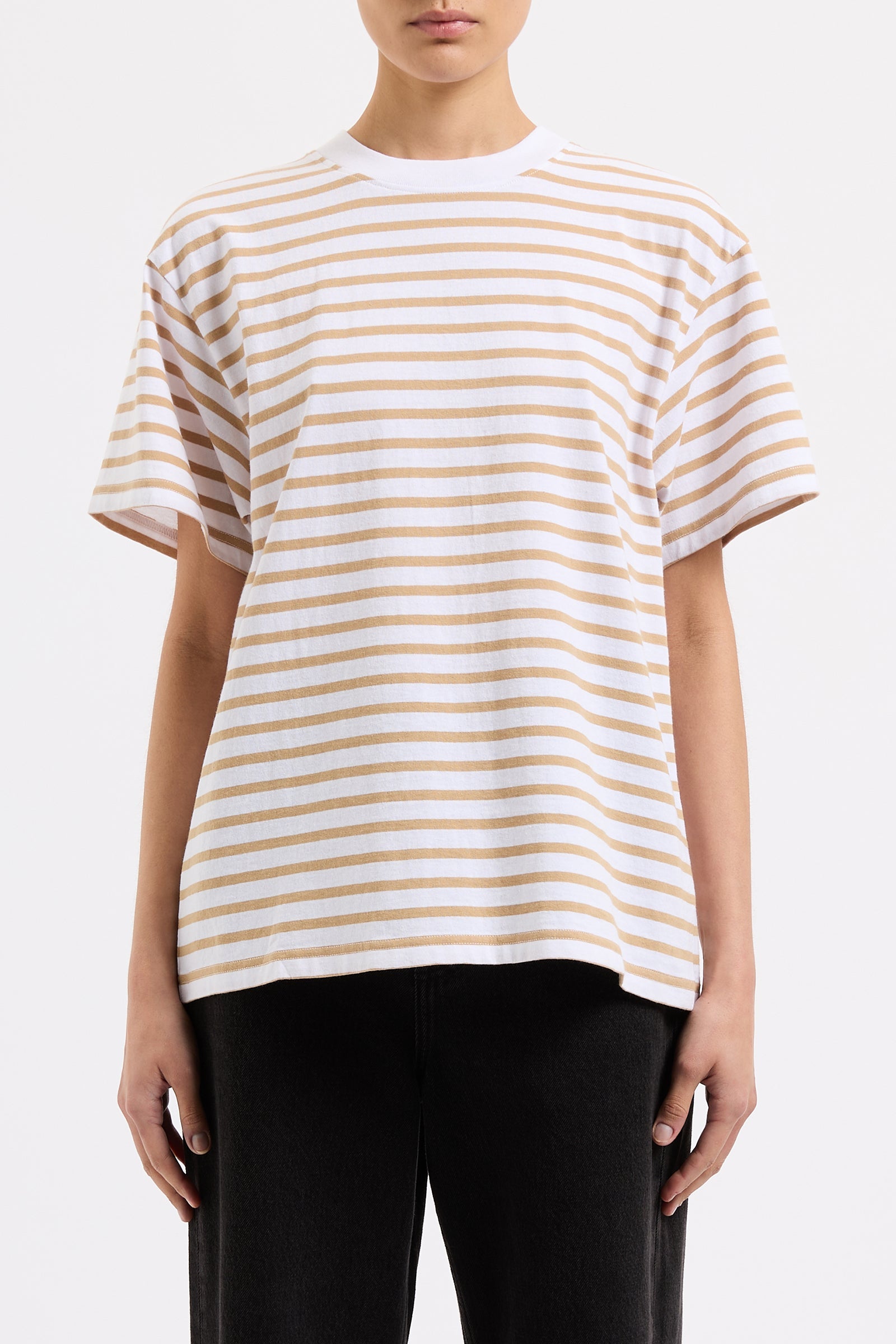 Organic Stripe Boyfriend Tee Camel Stripe 