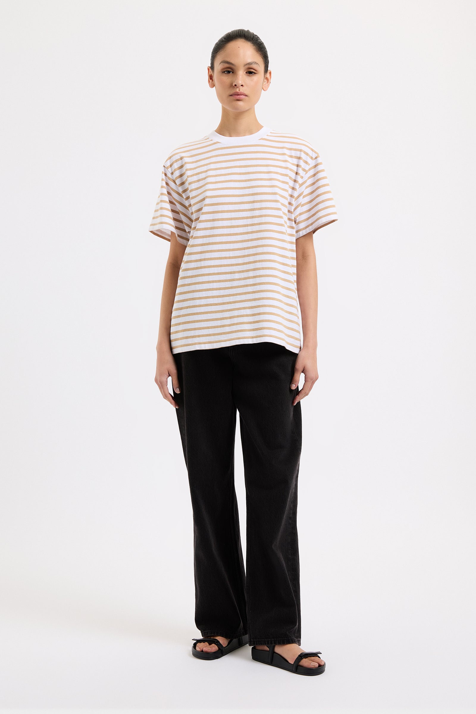 Organic Stripe Boyfriend Tee Camel Stripe 