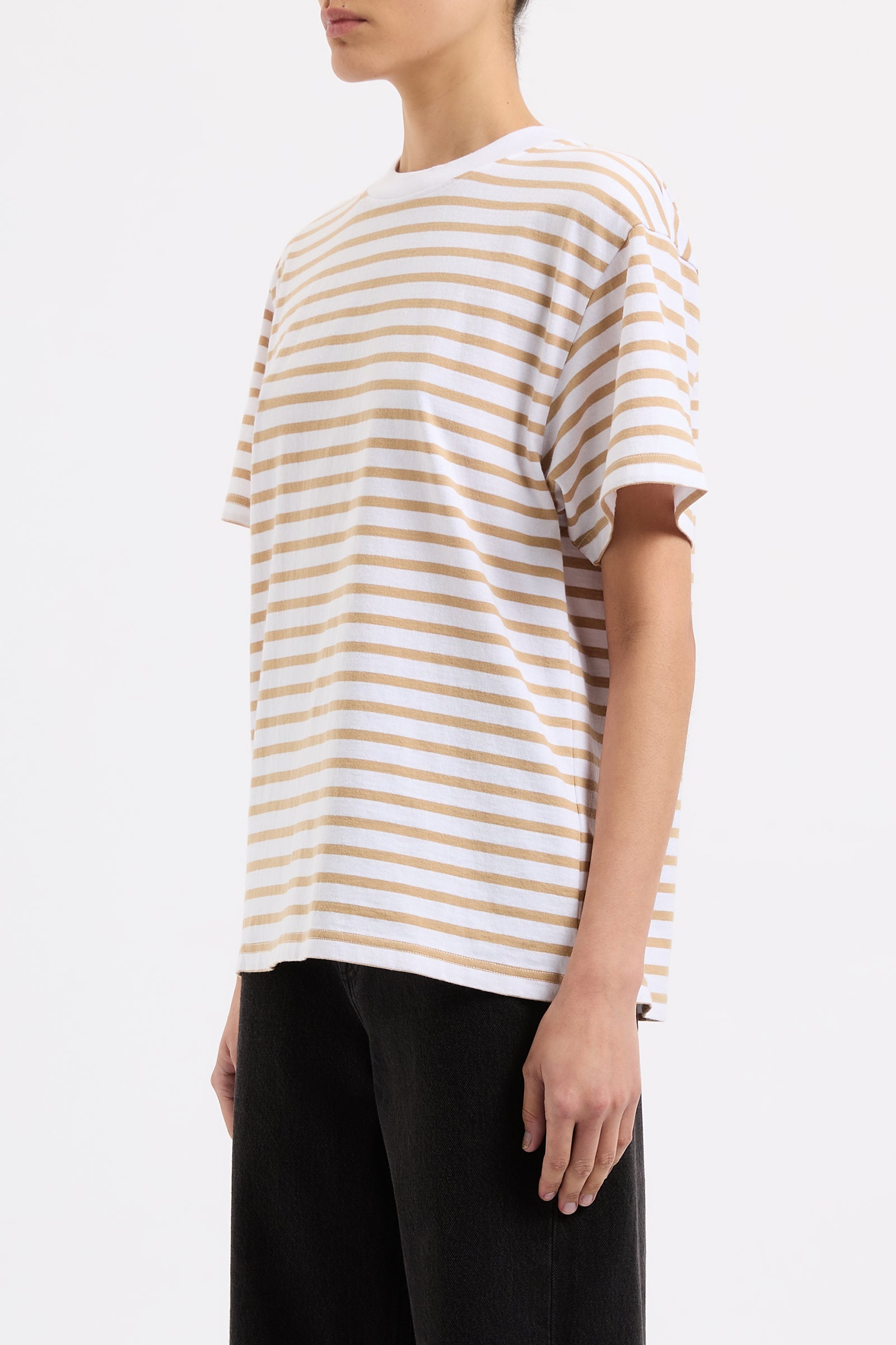 Organic Stripe Boyfriend Tee Camel Stripe 