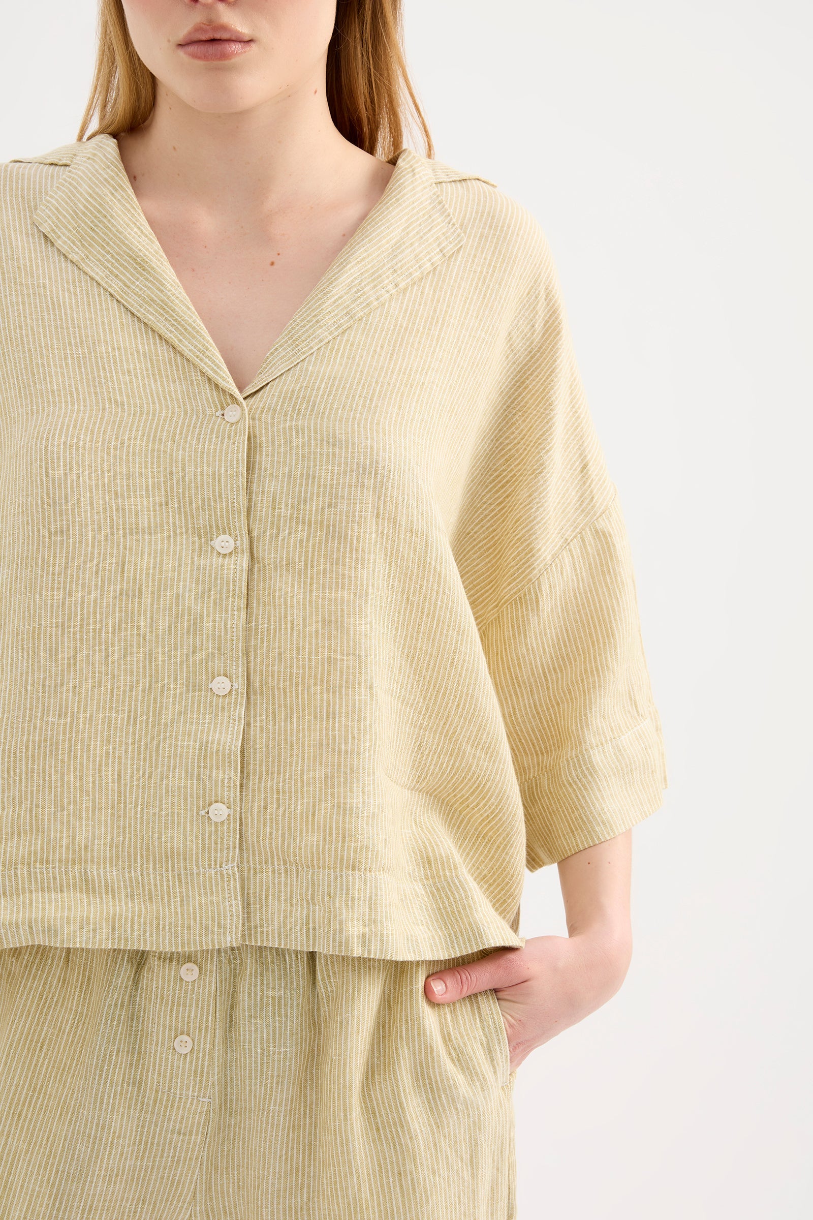 Lounge Stripe Linen Shirt Moss Stripe 