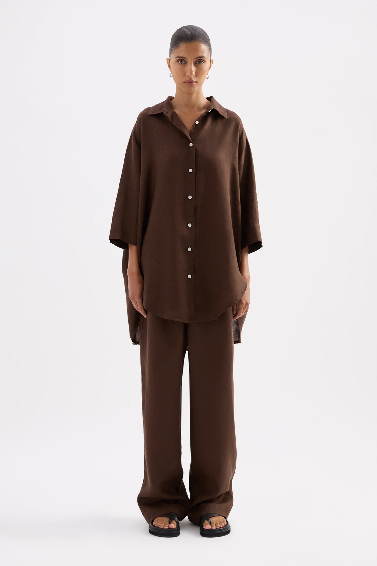 Lounge Linen Longline Shirt Chocolate 