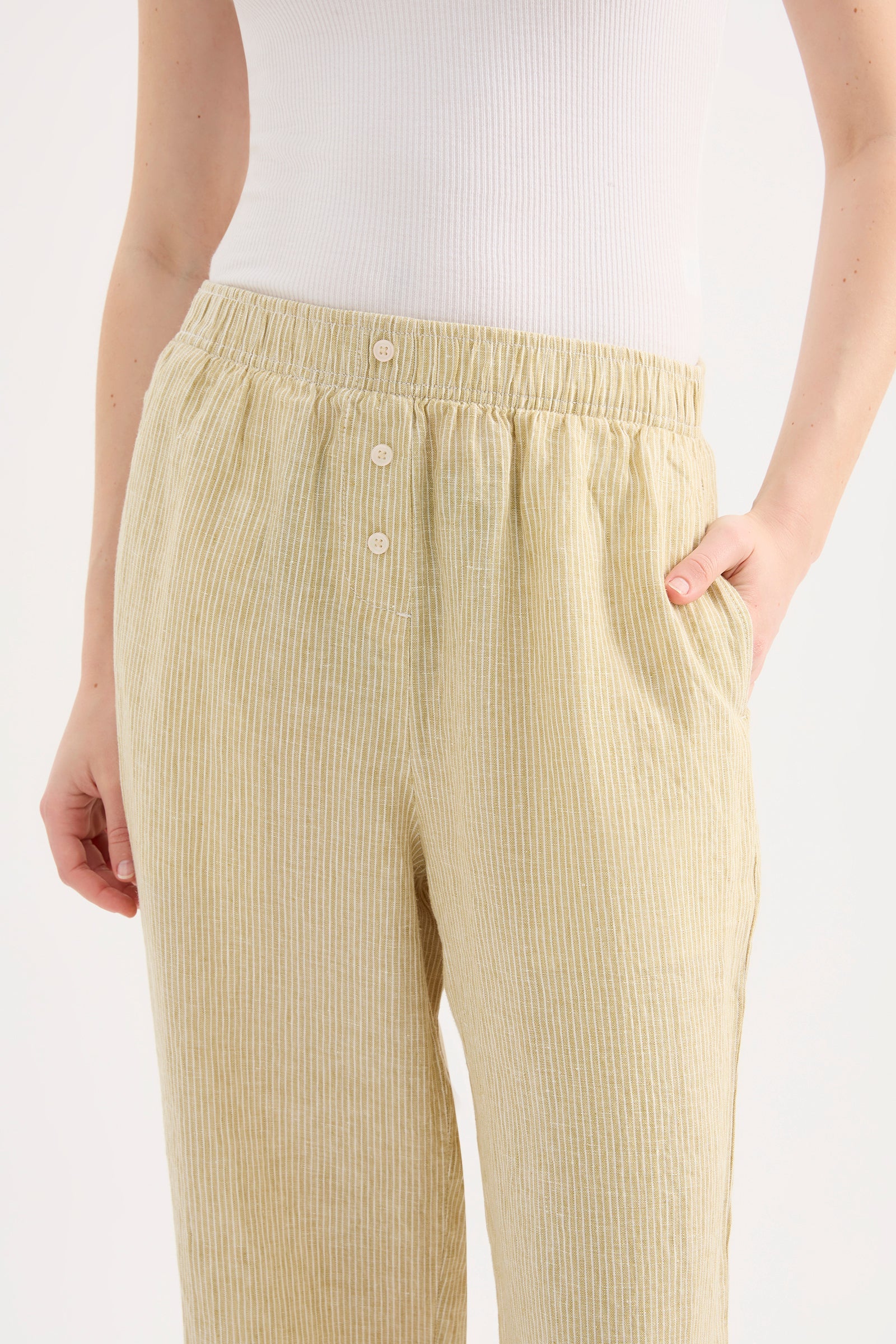 Lounge Stripe Linen Crop Pant Moss Stripe 