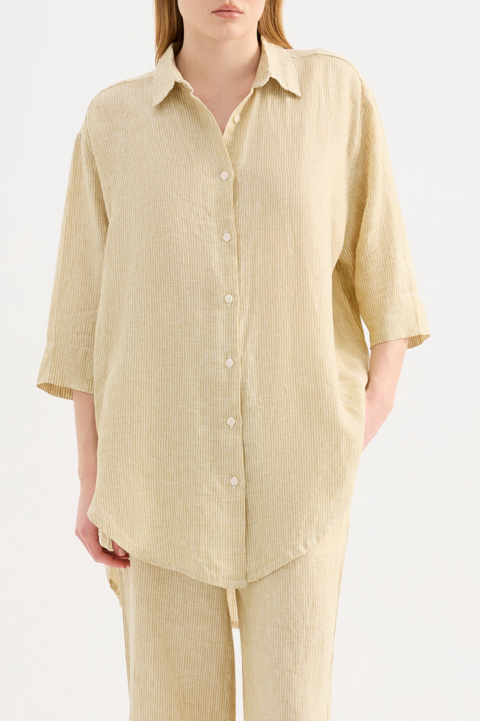 Lounge Stripe Linen Longline Shirt Moss Stripe 