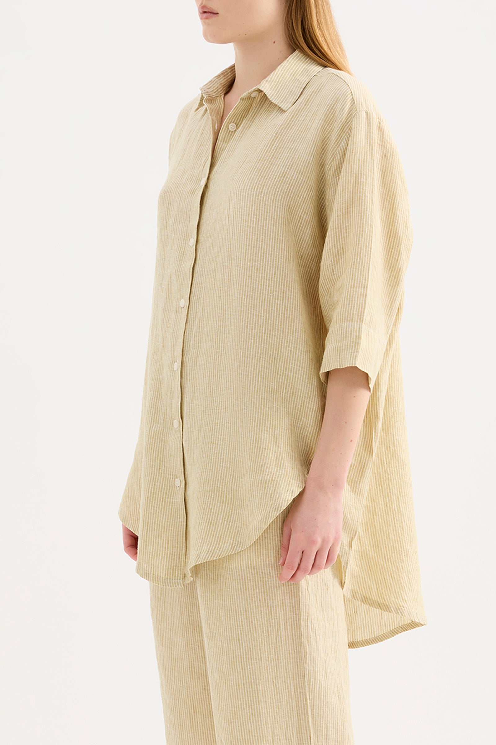 Lounge Stripe Linen Longline Shirt Moss Stripe 