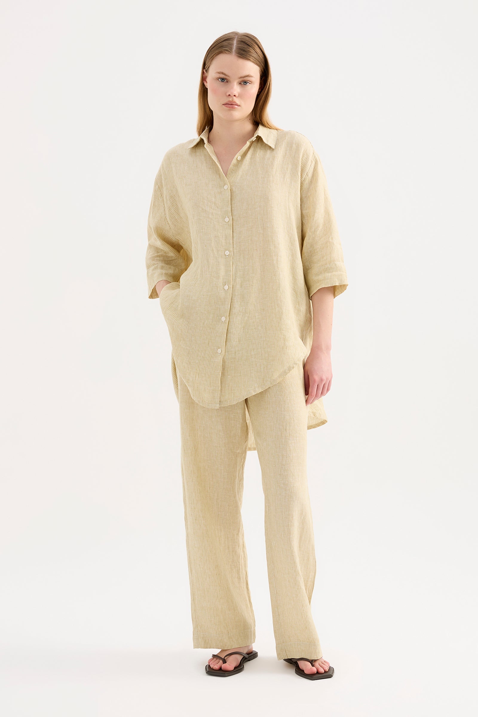 Lounge Stripe Linen Pant Moss Stripe 